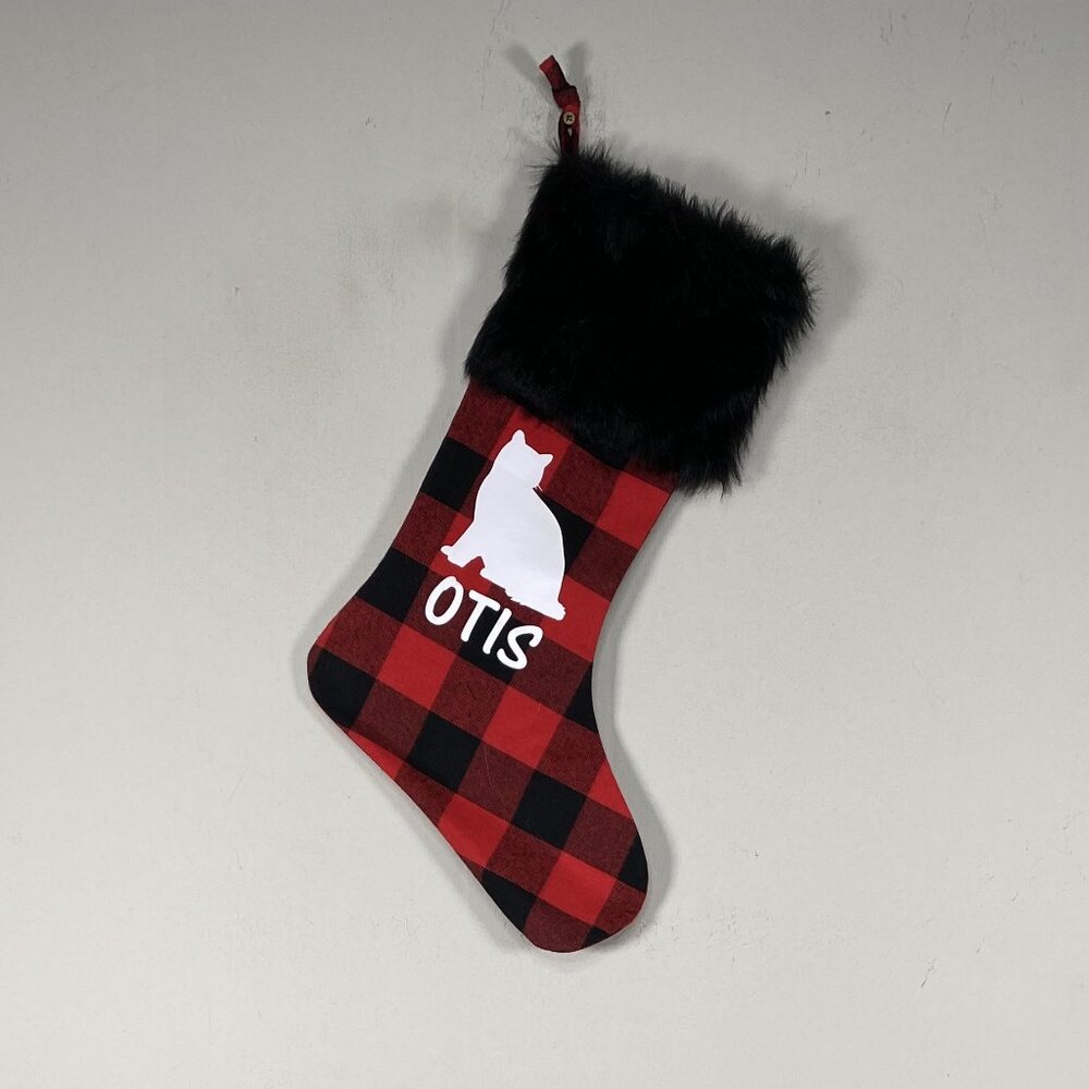 Christmas Stocking Multicolor Plaid "Otis" Cat Holiday Seasonal Decor